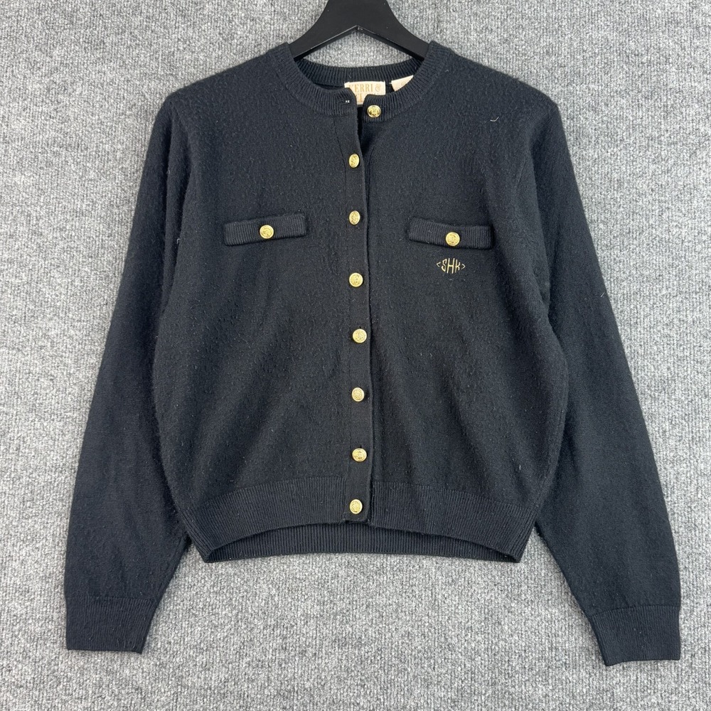 VTG Kerri & Kelsey Cardigan Womens L Black Shetland Wool Gold Button Monogram